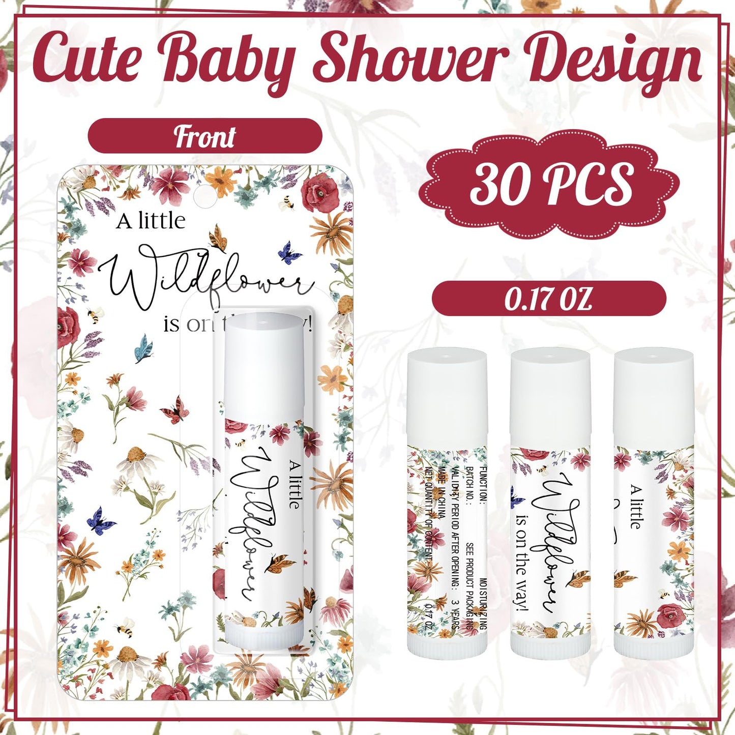 30 Pack a Little Wildflower Baby Shower Games Prizes Gifts Bulk Wildflower Lip Balms Favors for Winners Boys Girls Gender Reveal