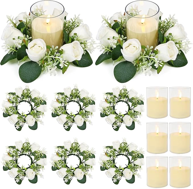 Acmee Pink Rose Candle Rings with Flameless Candles Sets - 12PCS Artificial Flower Eucalyptus Wedding Centerpiece 3 Inch P...