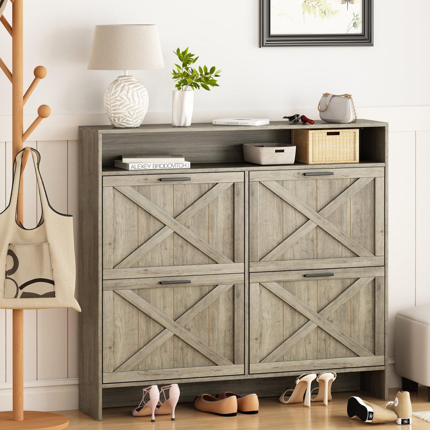 AesthLife Shoe Storage Cabinet with 4 Flip Drawers, Sturdy Anti-Tip Design Shoe Rack Cabinet for Entryway, Hallway, Apartment (Rustic Grey)