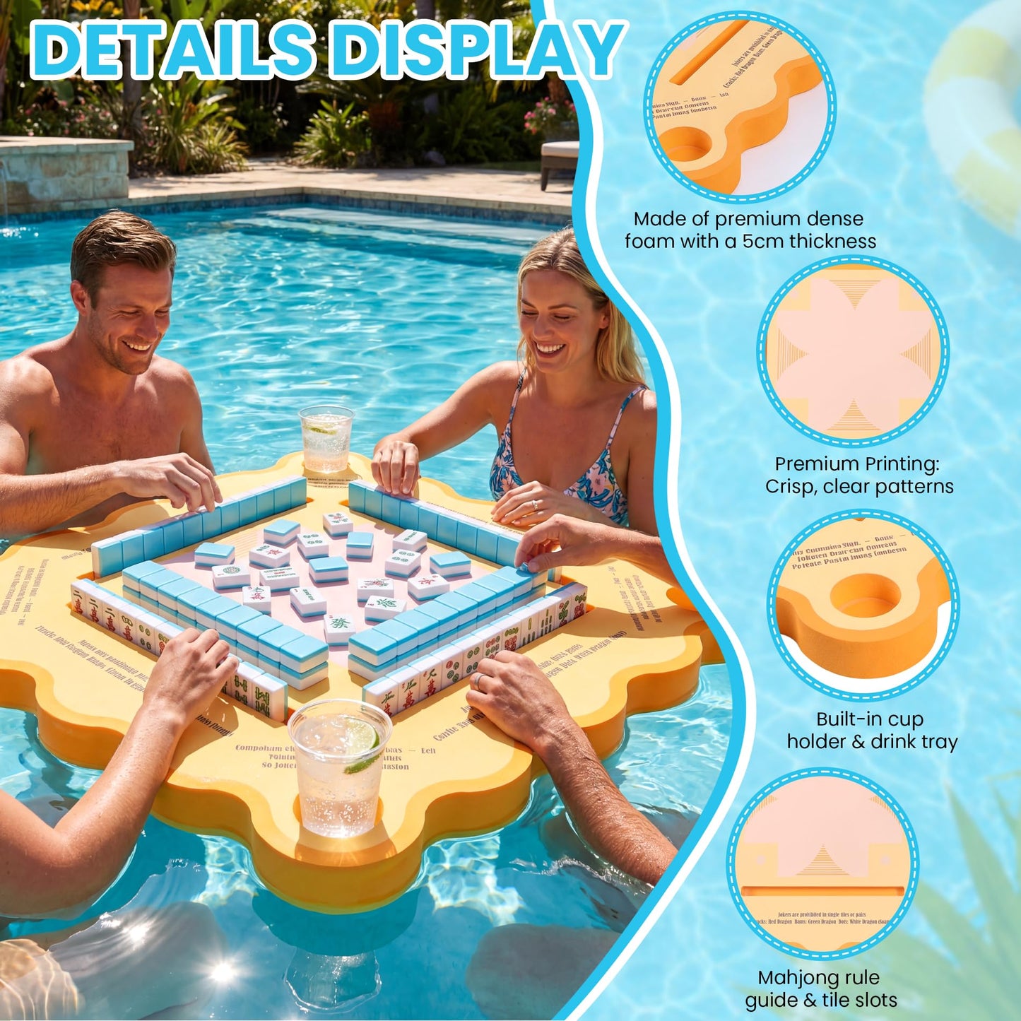 Kexaiq Floating Mahjong Table for Pool, Double Sided Floating Game Table with Cup Holders, for Mahjong Poker Card Games, Floating Mahjong Board for Hot Tub Lake Beach, Adults Summer Party (Orange)