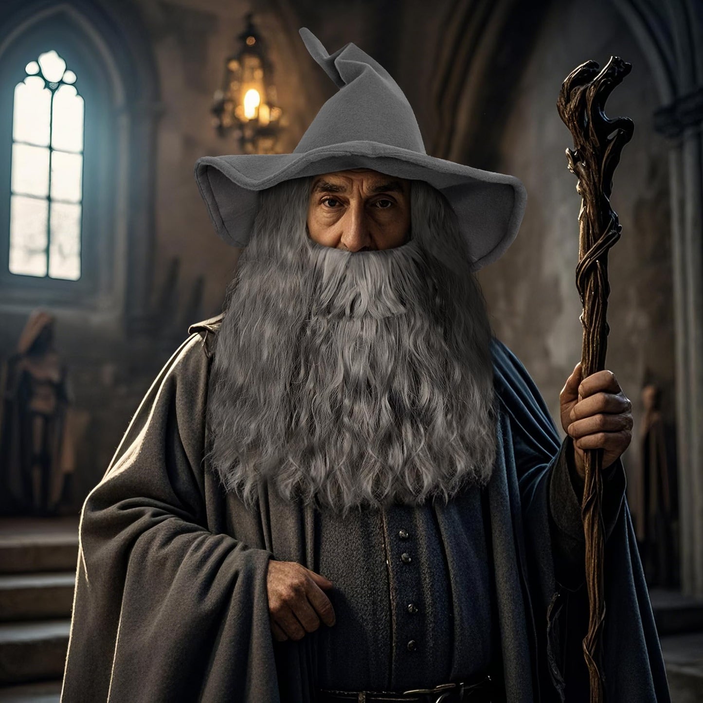 Joukavor Wizard Hat Beard and Wig Costume Accessory for Adults Halloween Cosplay (Grey)