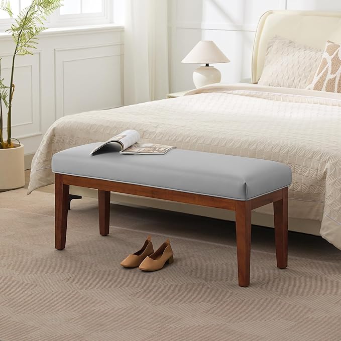 WUTUTUEE 43.5'' Faux Leather Bedroom Bench, Upholstered End of Bed Bench, Padded Vintage Dining Bench, Entryway Bench with Solid Wood Legs, Kitchen, Living Room, Hallway, Grey