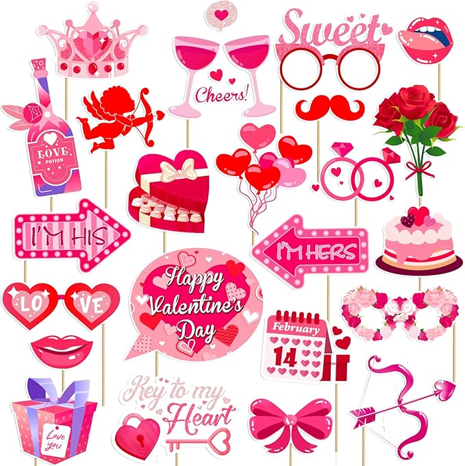 Happy Valentine's Day Photo Booth Props Kit, 24 PCS Selfie Photo Booth Accessories with “Happy Valentine’s Day” Signs, Cut...