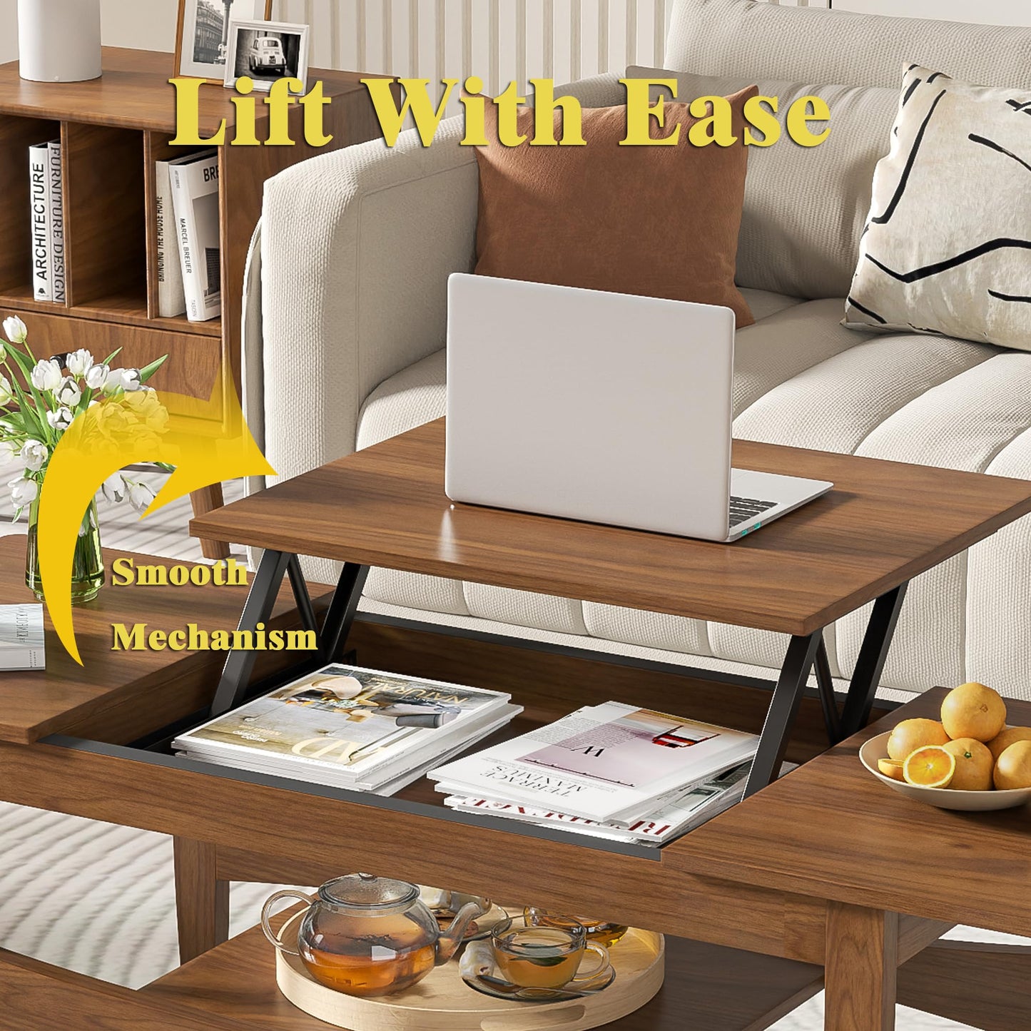Oubayajia Coffee Table with Lifting Top, Rectangle Wood Lift Top Coffee Table with Open & Hidden Storage, Mid Century Pull up Center Tables for Living Room, Office (Walnut)