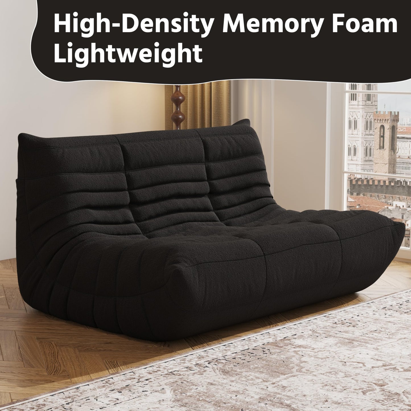 Bean Bag Chair, Fireside Chair, Large Bean Bag Chair for Adults, Bean Bag Chairs for Teens with High-Resilience Foam, Non-Slip Base Floor Lounge Sofa,Living Room (Black, Loveseat)