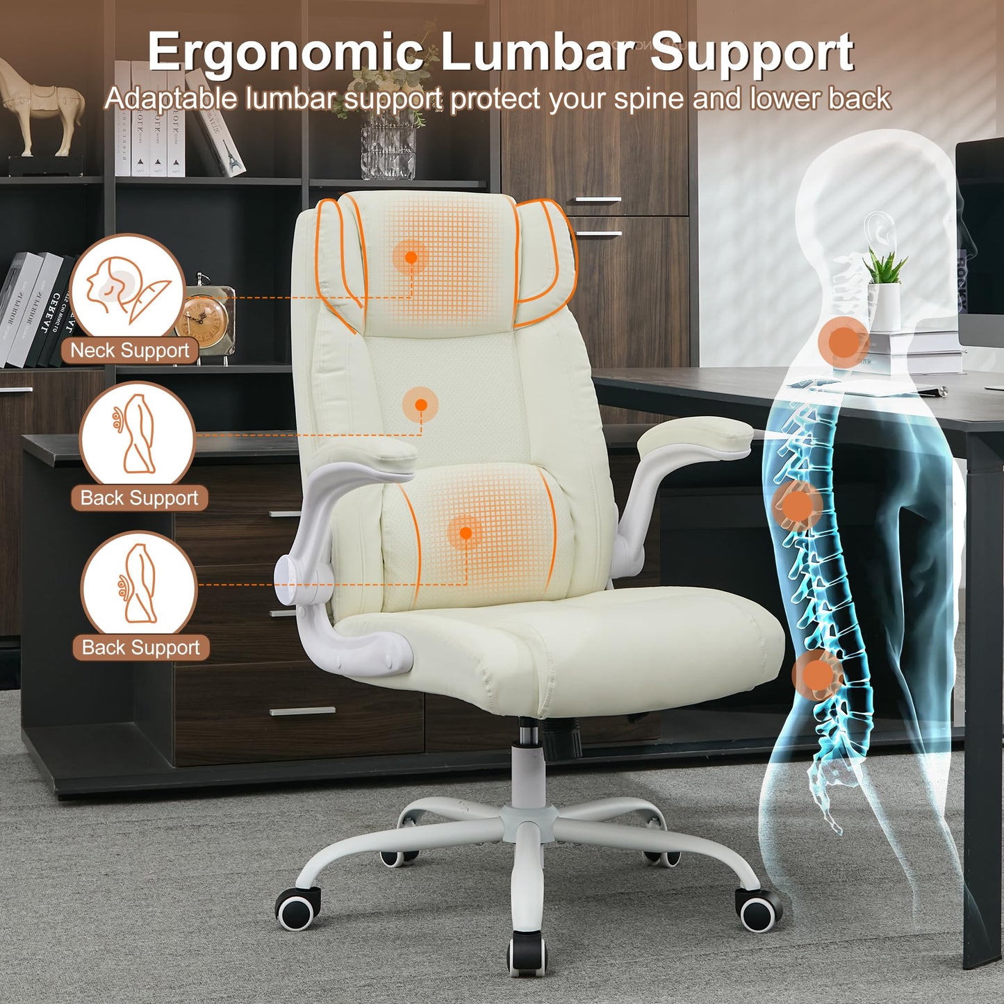 BOWTHY Mid Back Executive Leather Chair,Ergonomic Home Office Chairs,Comfy Computer Desk Chair with Adjustable Flip-Up Arms and Rocking Function (Beige)