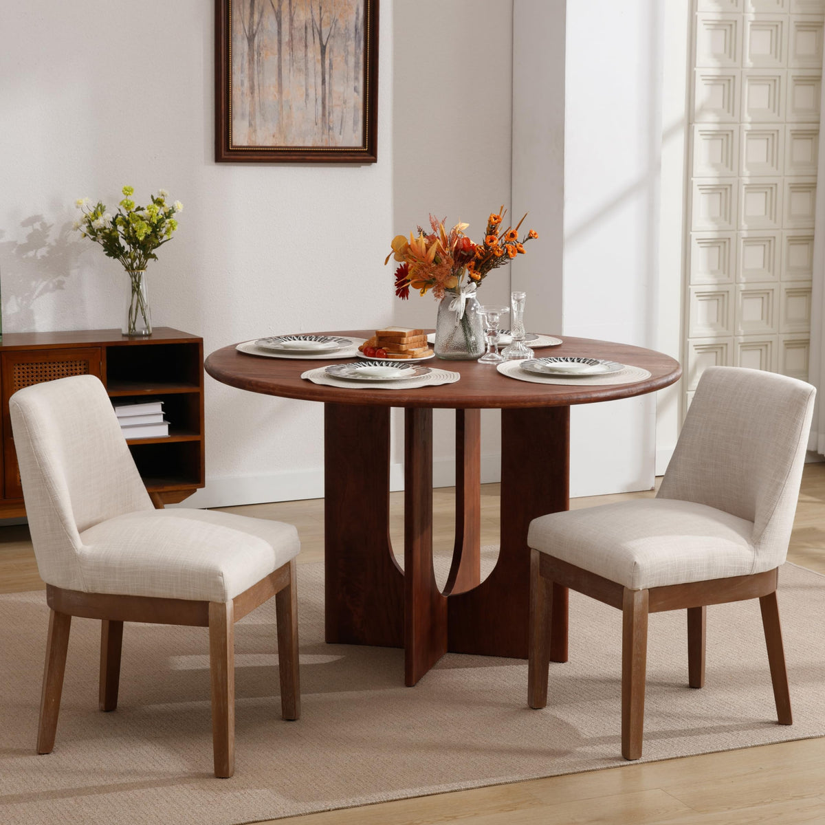 RIVOVA Modern Dining Chairs Set of 2 Comfortable Dining Room Chairs with Back, Linen Fabric Upholstered Kitchen Side Chairs with Natural Wood Legs for Living Room, Beige