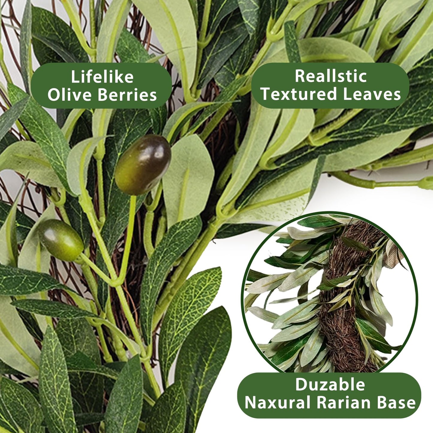Artificial Olive Garland with Greenery Leaves – Faux Olive Wreath for Front Door, Farmhouse Wall Decor, Hanging Green Wreath for Window or Wedding Decoration (B)