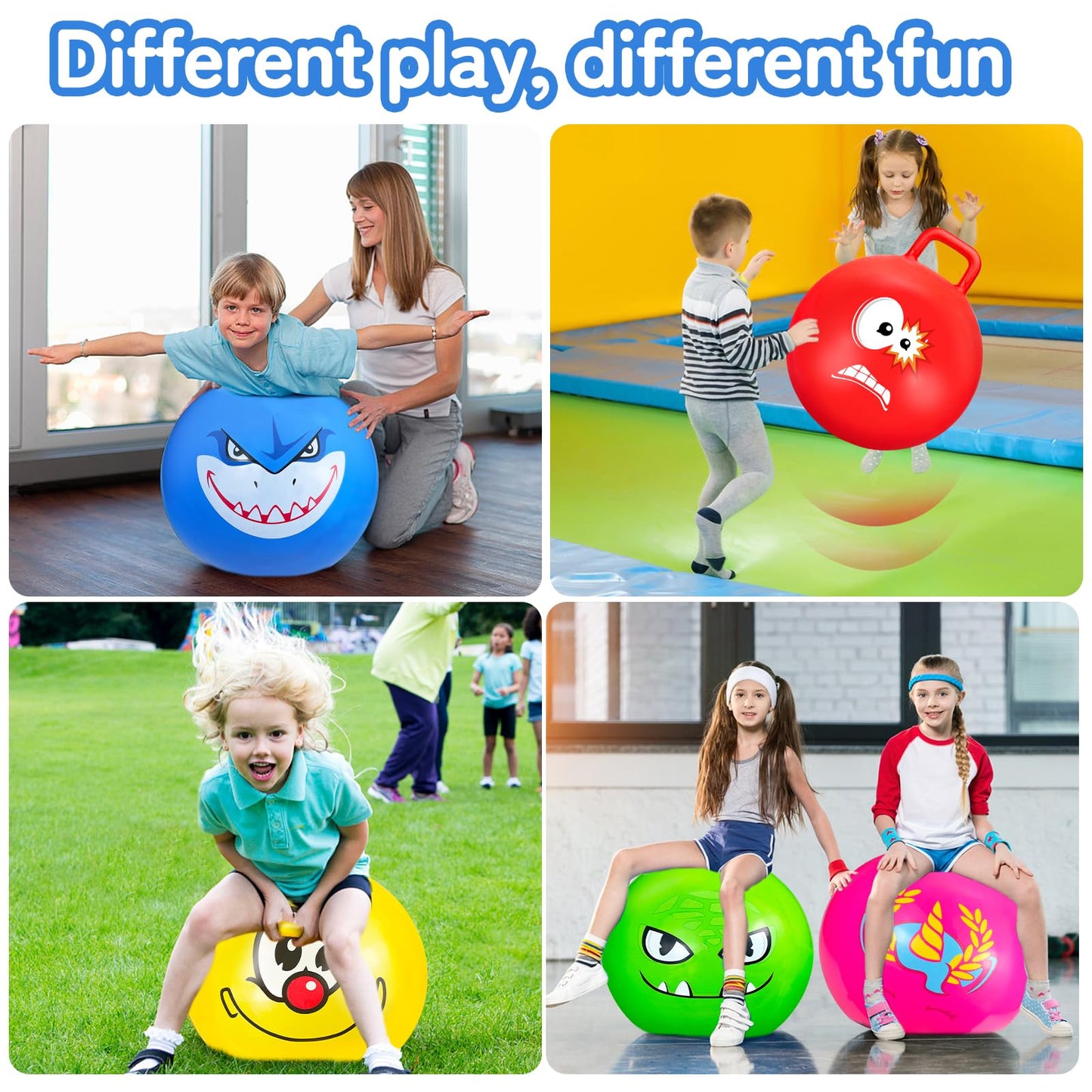 Bounce Balls with Handles for Kids, 3 Pack Hopper Ball for Kids 3-6, Hippity Hop Balls 18 Inch with Air Pump, Jumping Bouncing Ball Ride On Toys for Sports Games Balance Exercise Indoor Outdoor Fun