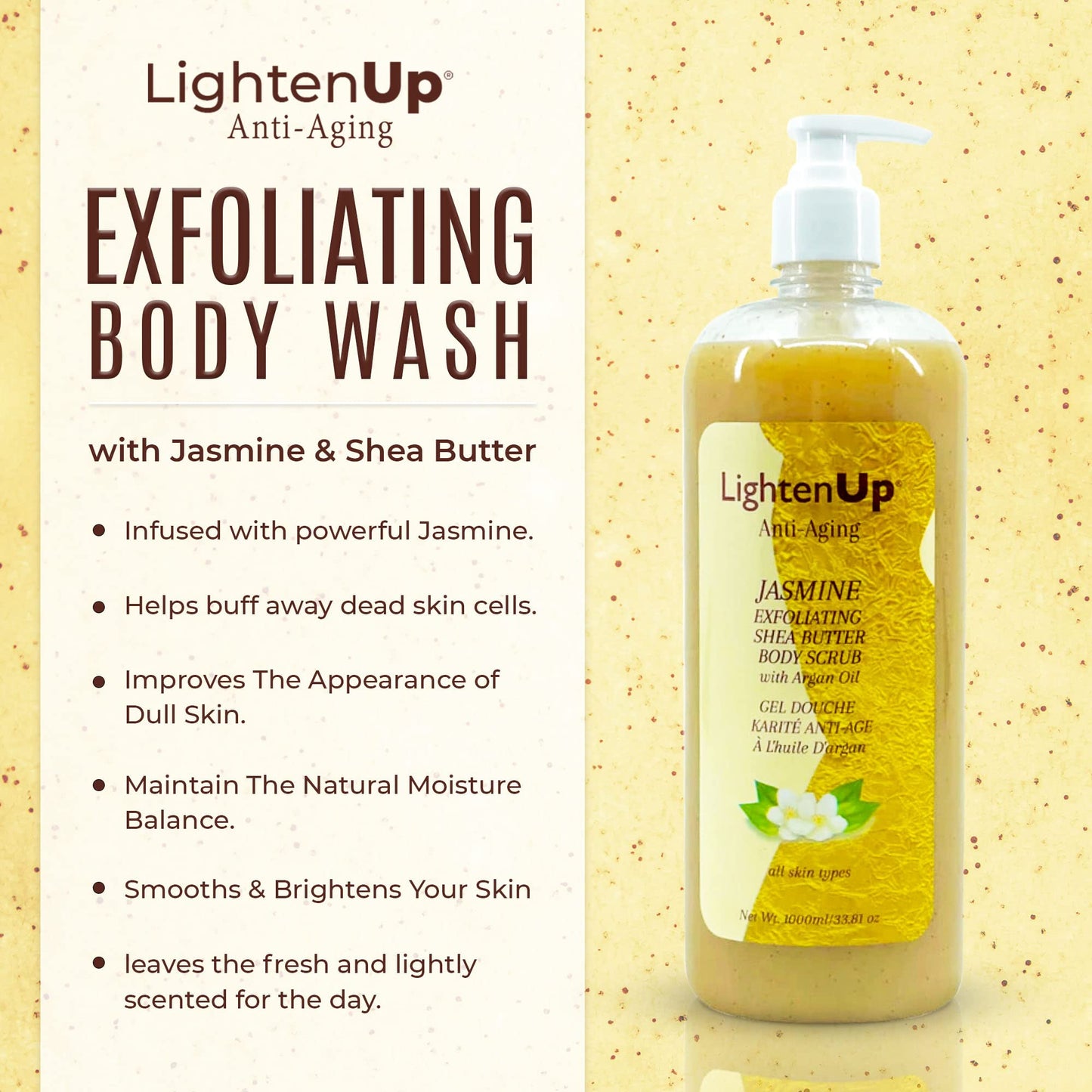 OMIC Lighten-Up Exfoliating Body Wash - 33.8 Fl oz / 1000 ml - Formulated to Exfoliate and to Nourish Skin, with Shea Butter, Ja