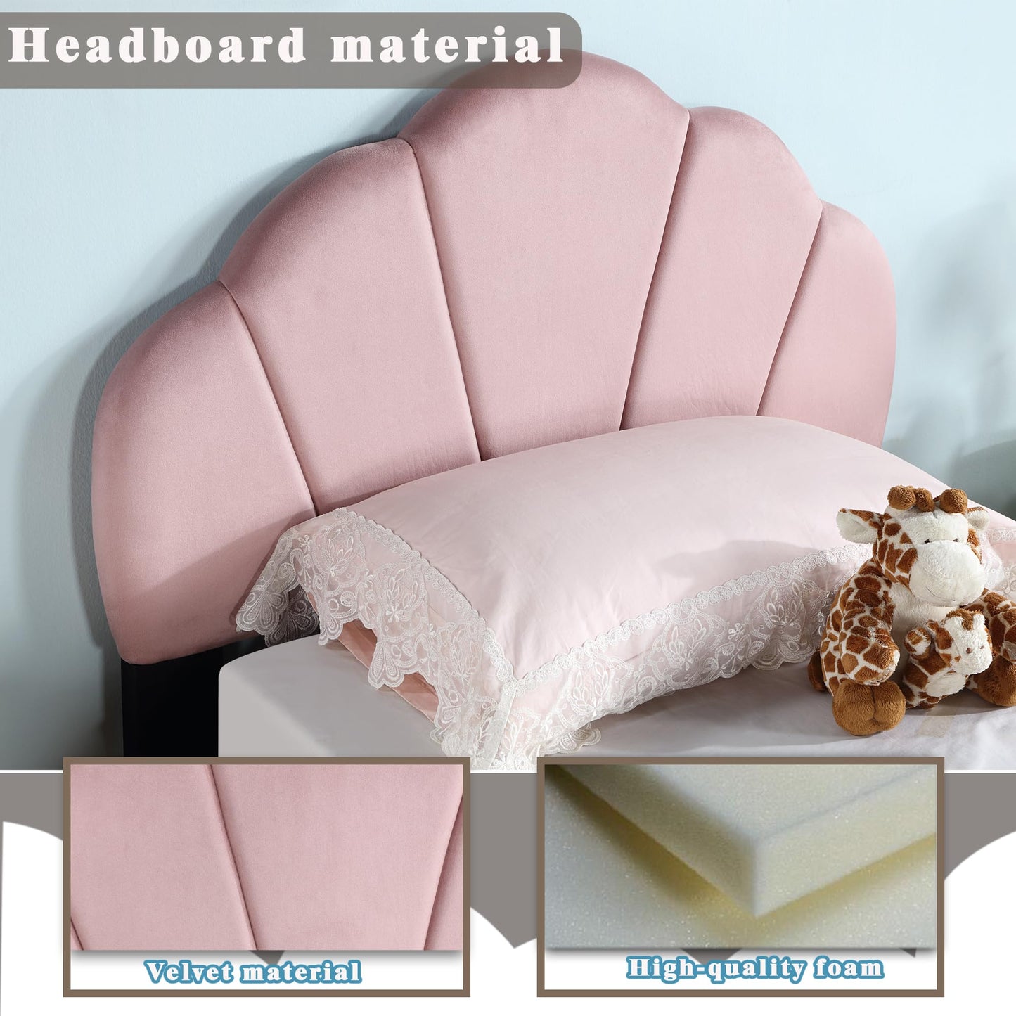 Ball & Cast Twin Size Platform Bed, Cute Shell Shaped Headboard Bed-Frame Girls Boys Teens, Velvet Upholstered Beds with Wood Slat Support, No Box Spring Needed, Pink