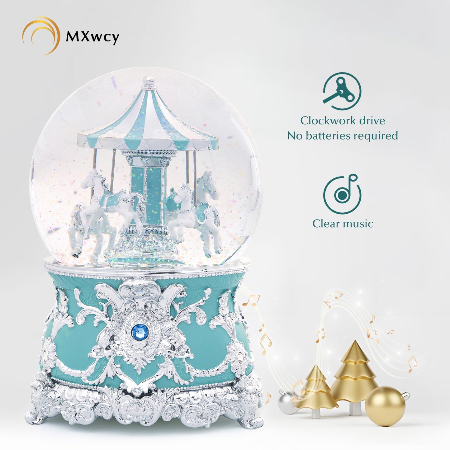 Carousel Music Box Silver Mint Christmas Snow Globes, 7.1" Glass Rotate Carousel Snow Globe for Kids & Adults, Classic Wind up Musical Snow Globe Birthday Gifts, Carousel Horse Home Decor