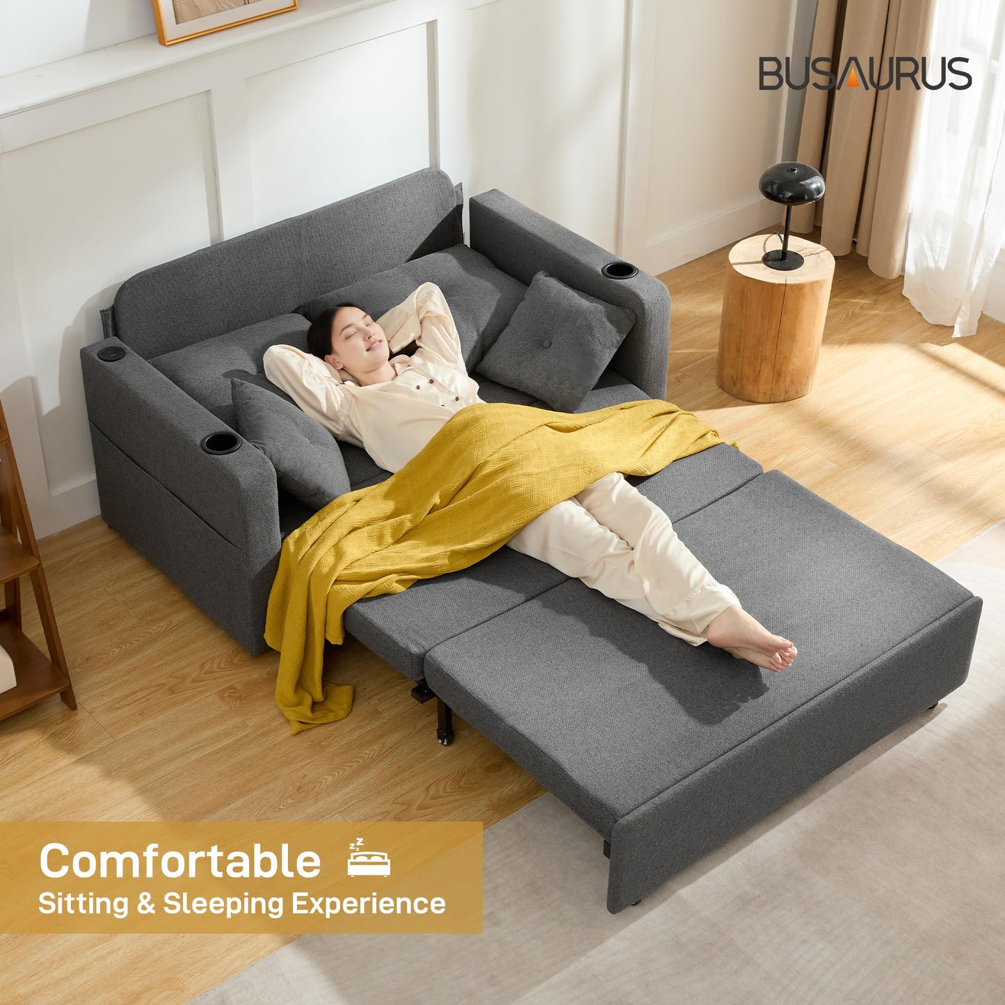 Busaurus 3 in 1 Convertible Sofa Bed, 56" Full Size Loveseat Sleeper Sofa Couch Bed, Sleeper Sofa Bed with Storage Pocket, USB, Comfy Pull Out Sofa Bed for Living Room, Bedroom, Small Space, Dark Grey