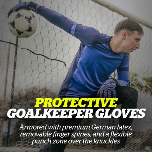 Storelli Electric Goalkeeper Gloves, High-Impact Hand Protection with 5 Removable Finger Spines, German Contact Latex, Wrist Strap, Extended Cuff, Youth & Adults, Unisex, 1 Pair, Blue Charge, Size 9