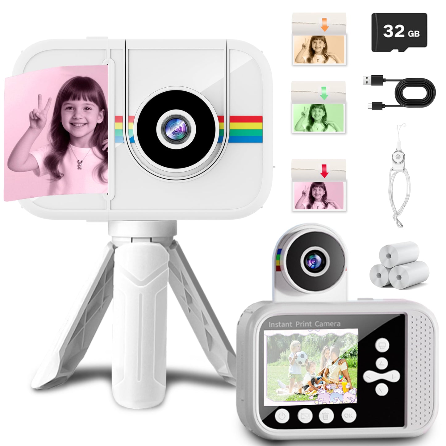 Kids Camera Instant Print,Kids Digital Camera With 3 Color Print Paper,32Gb & Mini Tripod,48Mp & 1080P Video Christmas Birthday