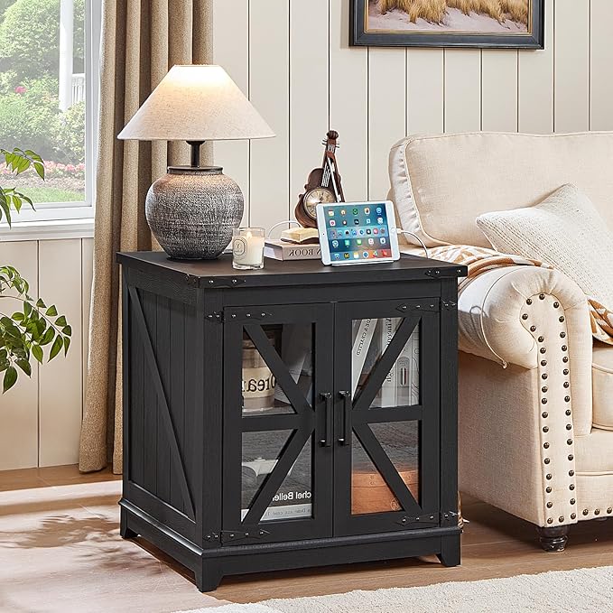 Joaxswe Farmhouse End Table with Charging Station, 24" Large Sofa Side Table with Glass Barn Door,Black Nightstand with Adjustable Storage Shelf,Wood Square Bedside Table for Living Room,Bedroom