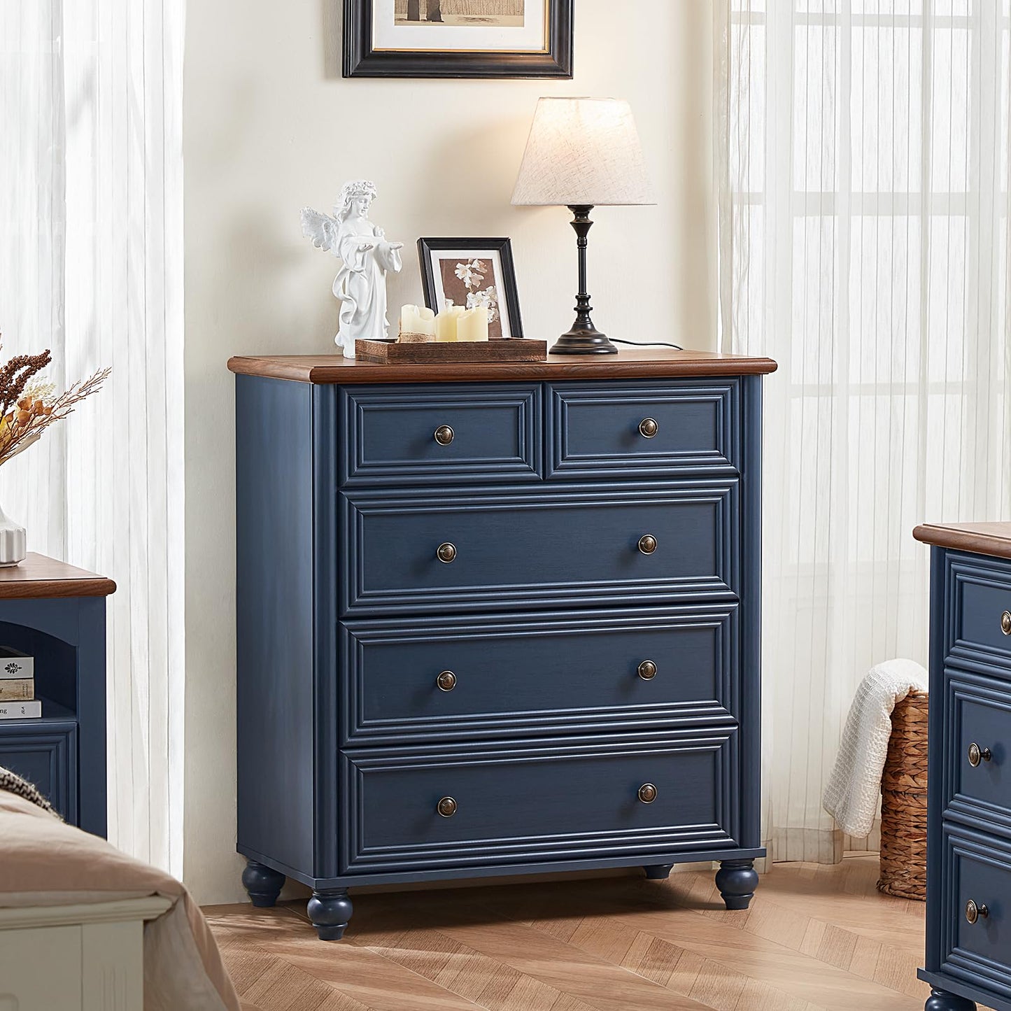 RWYHG Farmhouse 5 Drawer Dresser for Bedroom, 35.5" Tall Small Dressers & Chest of Drawers, Rustic Wood Dresser with Roman Column, Storage Organizer for Living Room, Hallway, Closet (Blue)