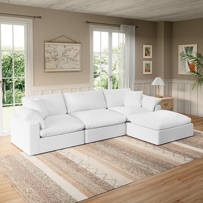 Forest aesthetics Modular Sectional Sofa Cloud Couch,Down Filled Comfy Cloud Modern Sofa,White Linen L Shape Oversized Couch Cushion Covers Removable Furniture for Living Room