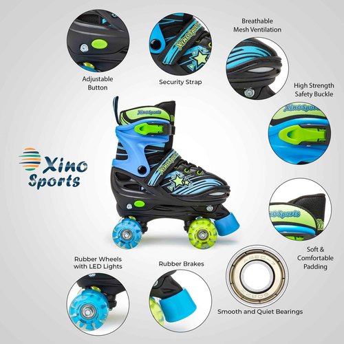 Black Roller Skates (M) + Blue Protective Gear Combo