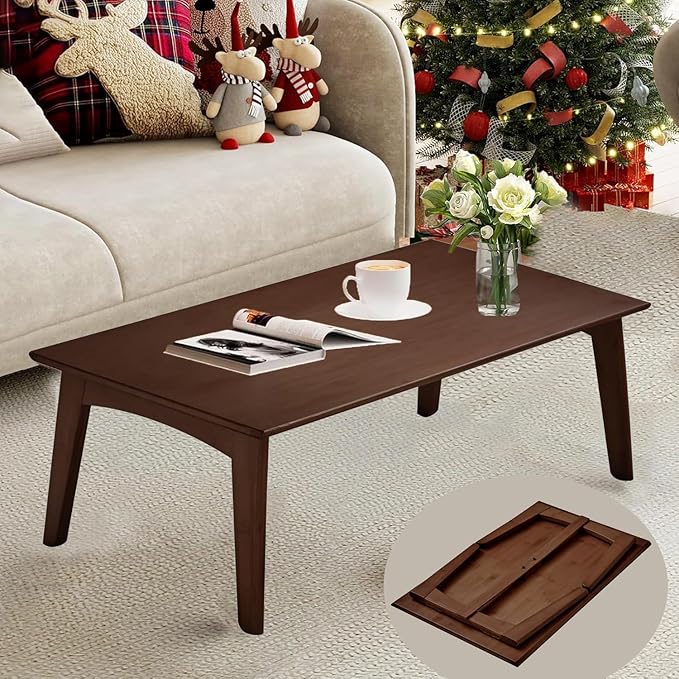 Kuabner Bamboo Coffee Table Foldable Japanese Floor Desk Folding Low Tea Table No Assembly 26x16x12in Portable Bedroom Living Room Furniture for Dining Working Studing Relaxing (Chestnut, Large)