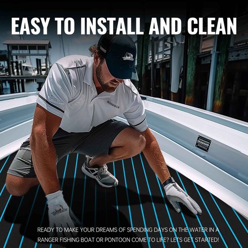 BOSSDECK Boat Flooring - EVA Foam Boat Decking - Self-Adhesive Boat Mat Faux Teak Marine Carpet for Boats RV Yacht Kayak 86.6"x21.7", Black with Blue Lines