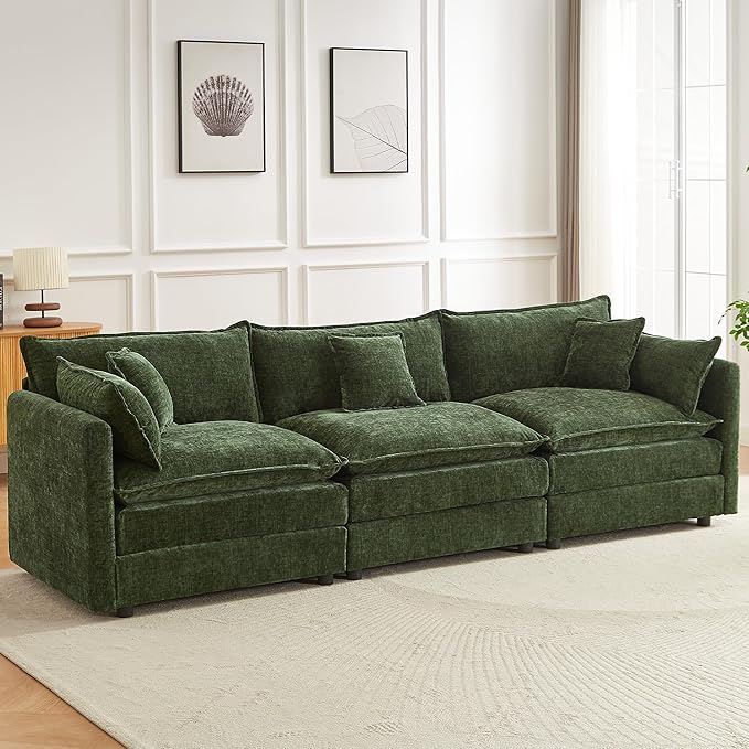 saows Modular Sectional Sofa, 112.2 Inch Rectangle Shaped Couch Set with Armrests, 3-Seater Comfy Cloud Couches for Living Room Apartment, Green