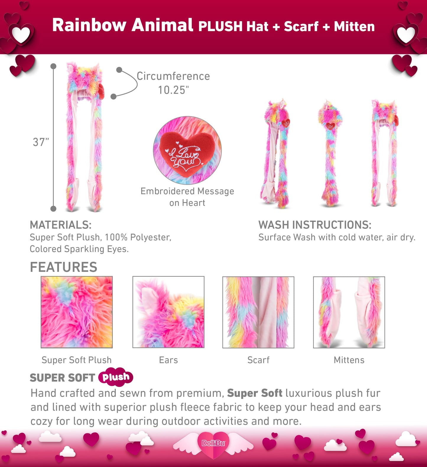 DolliBu I LOVE YOU Valentine Plush Rainbow Animal Hat - Cute Plush Hat + Scarf + Mitten with Red Heart, Name Personalization Gift For Valentines Day, Birthday, Anniversary, Romantic Date - 37 Inches