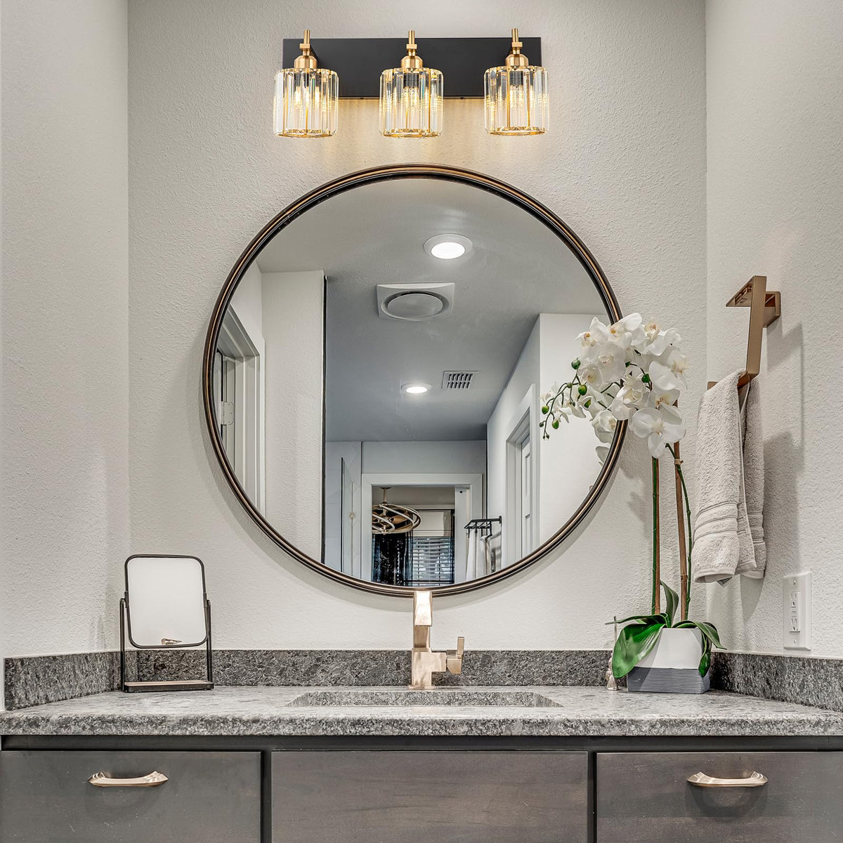 HUOKU Modern Crystal Bathroom Vanity Lights, Black Gold 3-Lights Bathroom Light Fixtures Over Mirror, Crystal Wall Lighting with Polished Gold Finish(Exclude Bulb)