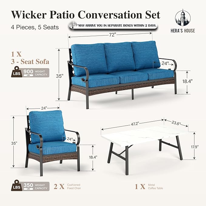 HERA'S HOUSE 4 Piece Metal Patio Furniture Set, All Weather Outdoor Conversation Set with 3 Seat Sofa, 2 x Cushioned Fixed Chairs & Coffee Table, Seats 5 for Backyard, Garden, Deck, Pacific Blue
