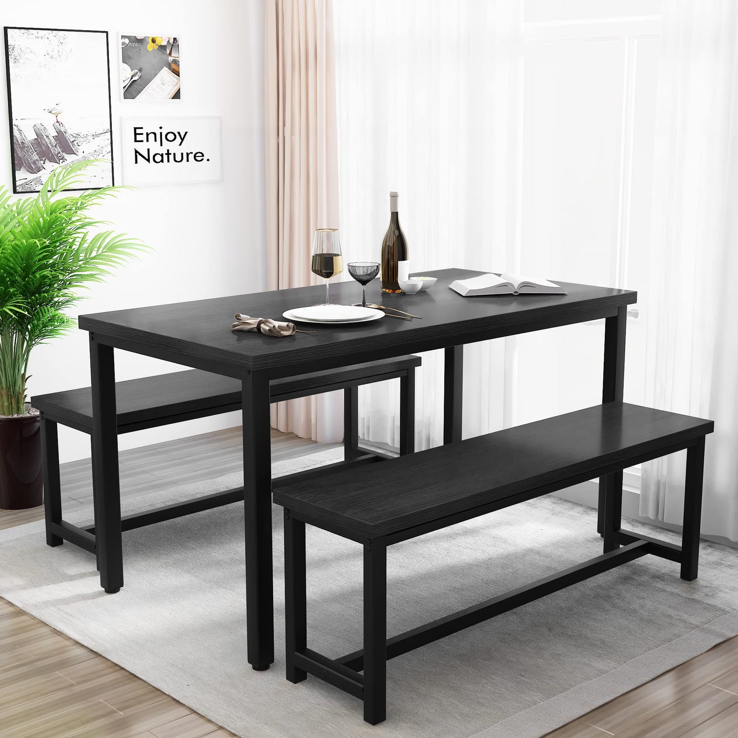 Recaceik Dining Table Set for 4 Kitchen Table Set with 2 Dining Benches, 3 Piece Farmhouse Dining Room Table Set Industrial Breakfast Nook Table Set for Small Space, Apartment, Black