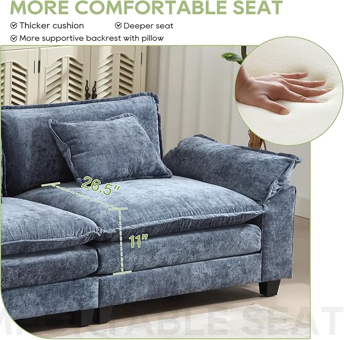 Oprisen 154" Modular Sectional Sofa, Comfy Cloud Couch Sectional Sofa with Ottoman, Chenille Sofa Sleeper Deep Seat Sofa with Throw Pillows for Living Room (Blue, 154"- U Shape)