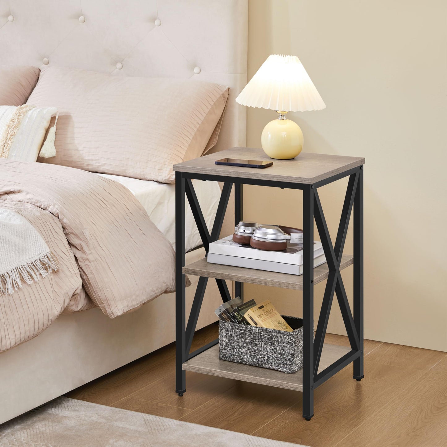 Yaheetech Industrial End Tables Set of 2, 3-Tier Side Tables with Storage Shelves for Living Room, X Design Sofa Tables, Strong Metal Frame, Easy Assembly, 16x16x24.5 in, Gray