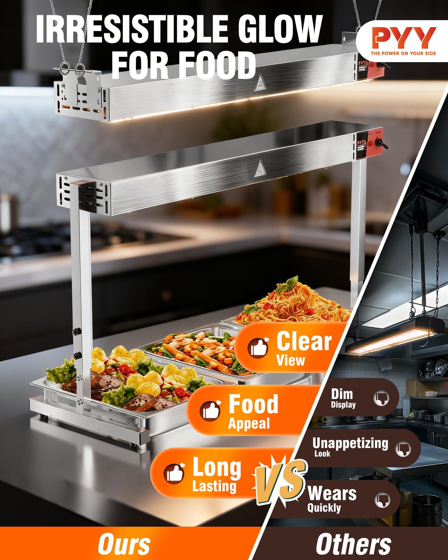 PYY Commercial Food Heat Lamp - 36‑Inch 1050W Stainless Steel Stand or Hanging Mode Food Warmer Lamp, 110V Electric Strip Heater Overhead Lighting for Cafeteria, Buffet & Kitchen Counter
