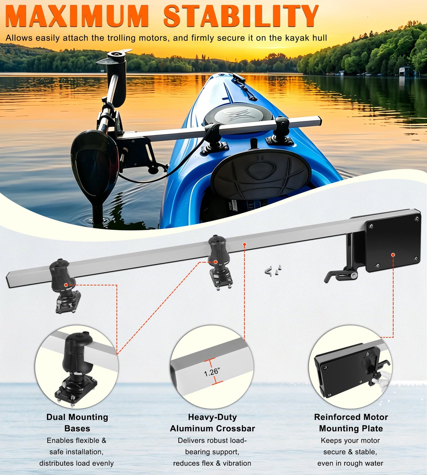 Bonbo for Kayak Trolling Motor Mount 04-4091-11, Adjustable & Universal Transom Motor Mount Bracket Fits for Most Kayak Clamp-on Electric Trolling Motors Up to 60lbs Thrust