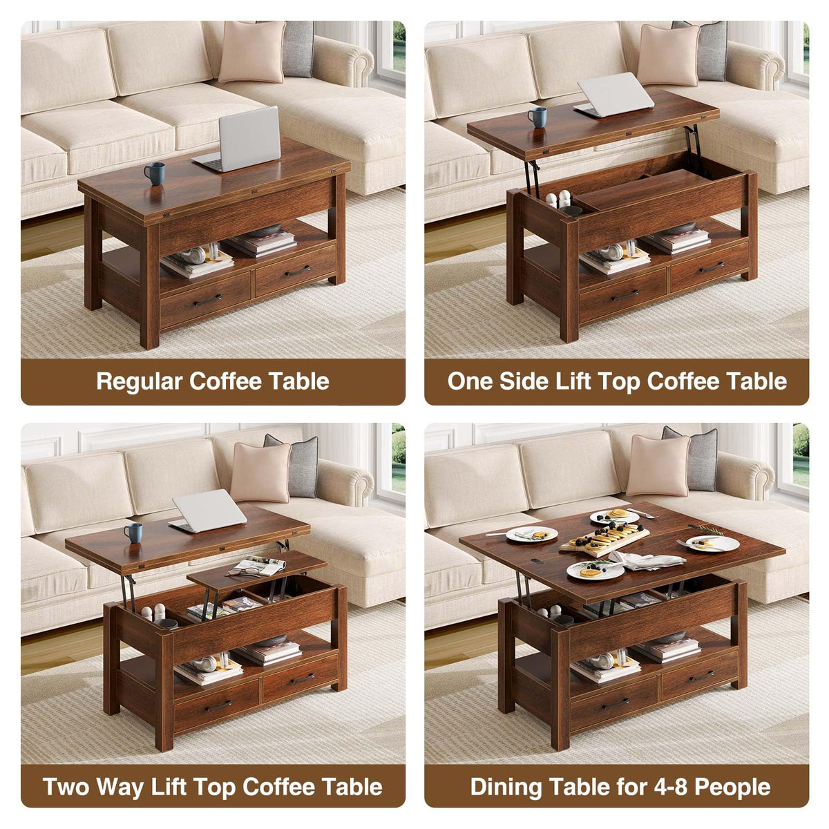 Rolanstar Coffee Table Lift Top, Multi-Function Convertible Coffee Table with Drawers and Hidden Compartment, Converts to Dining Table for Living Room, Home Office,Espresso
