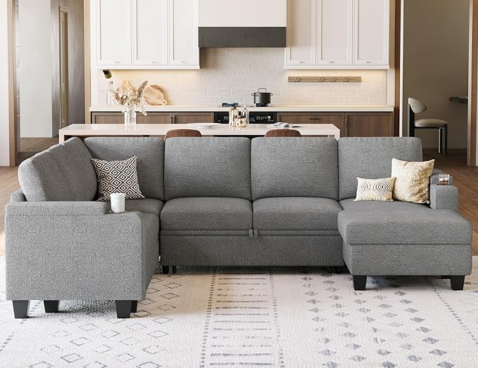 Belffin Sleeper Sofa Modular Sectional Pull Out Couch Bed U Shaped Sofa Couch for Living Room with Storage Chaise. Light Gery
