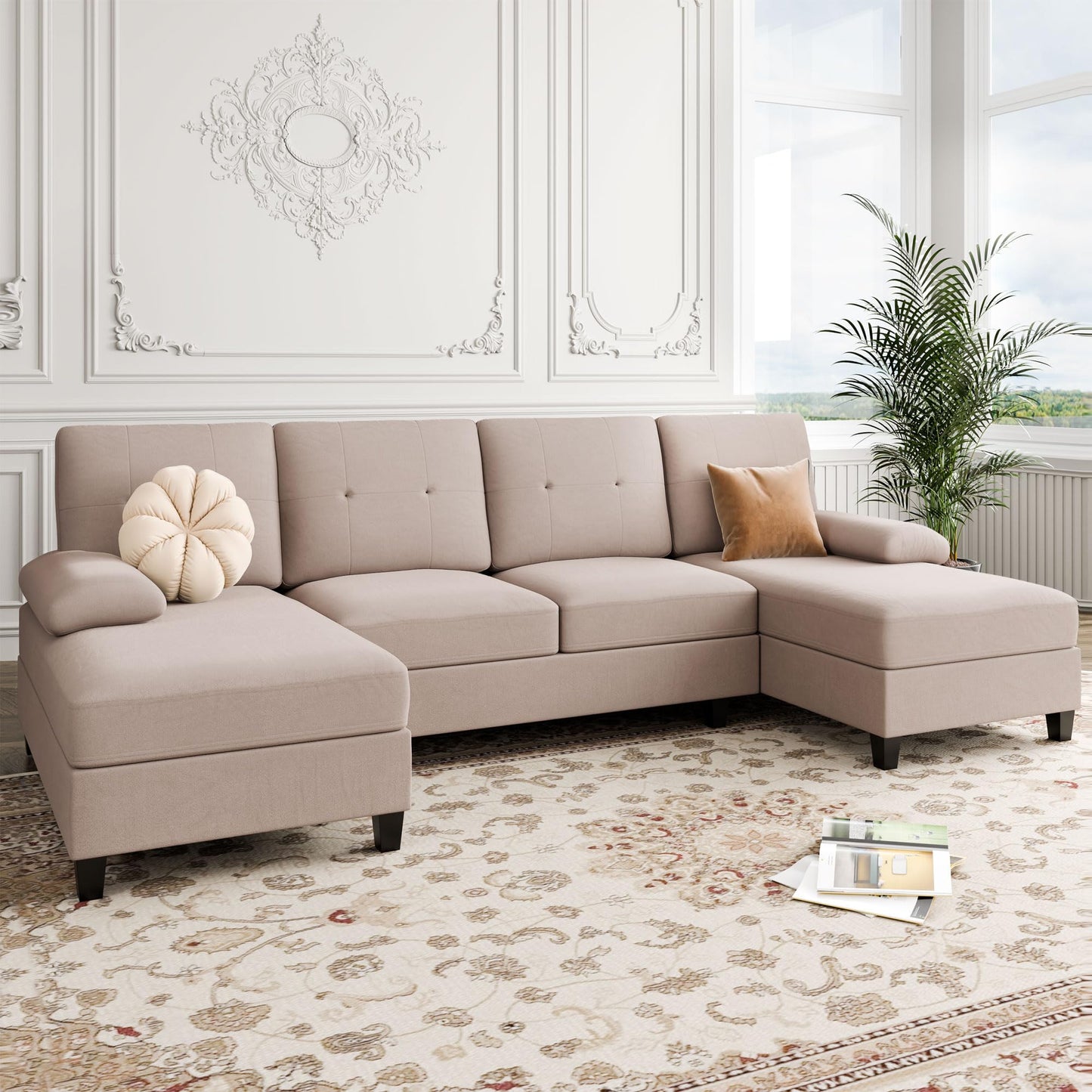 Shintenchi U-Shaped Sectional Couches for Living Room, 4 Seat Sofa with Double Chaise Lounges,Solid Wood Frame Sectional Sofa for Apartment,Beige