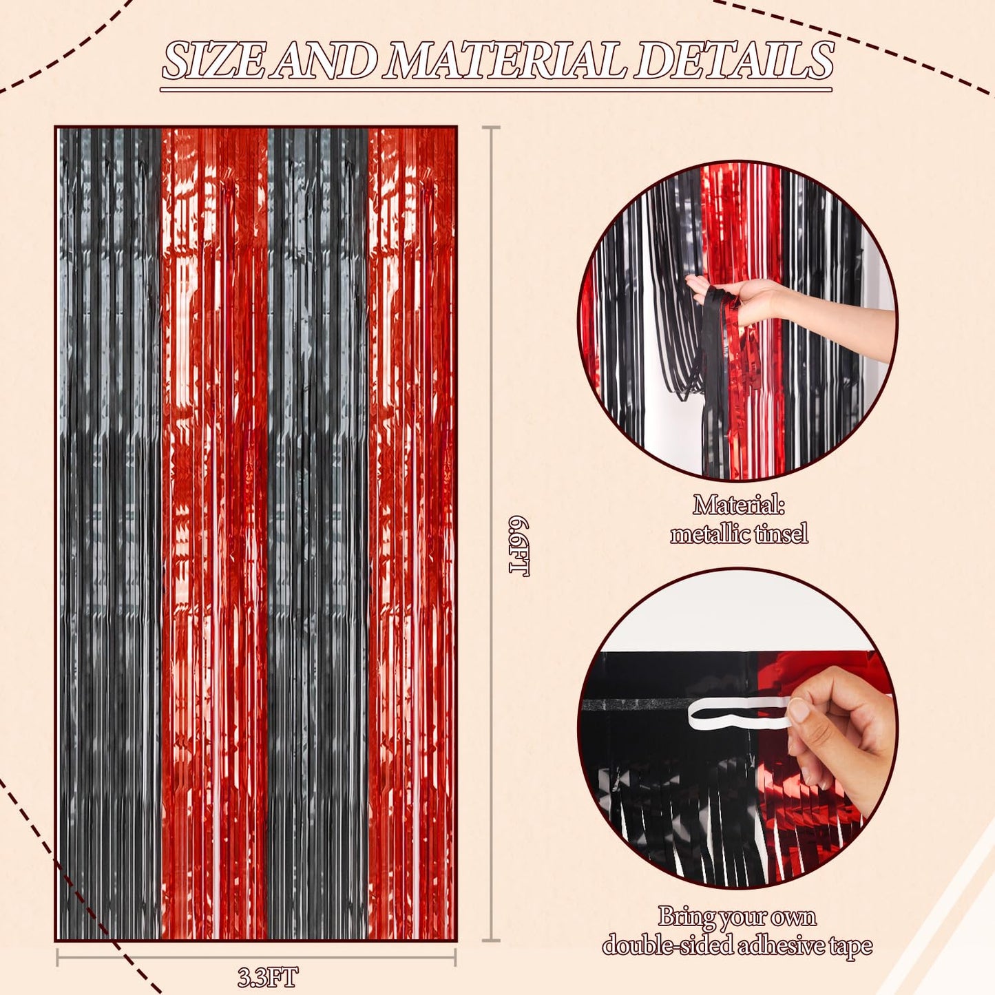 DECOCKRAT 2 Pack Foil Fringe Backdrop - Red&Black Shiny Tinsel Curtains for Party Decoration/Photo Booth Props - 3.3x6.6 FT Metallic Foil Backdrop for Birthday, Wedding, Graduation, Christmas.
