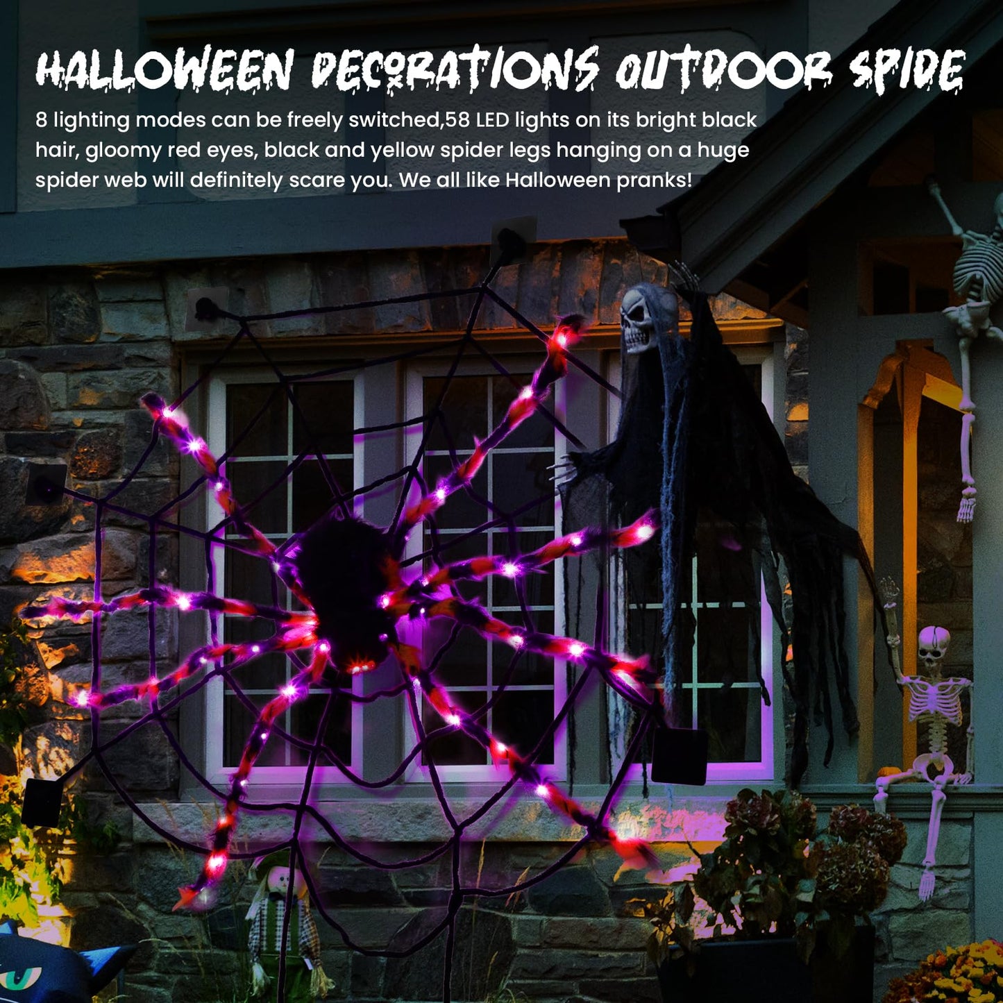 Halloween Decorations,4.5 ft Halloween Spider,Giant Spider,Haunted House Decorations,5.7ft Spider Web,58 LED Lights,8 Lighting Modes,8 Wall Mounted Traceless Adhesives,Battery Operated