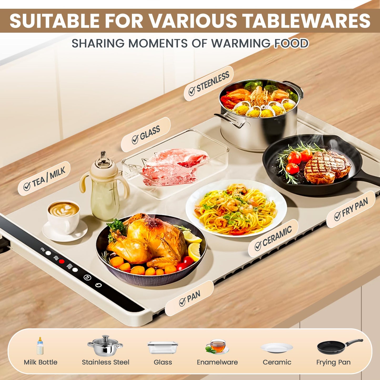 Food Warming Mat for countertop- Full Surface Heating Food Warmer Trays for Buffets Party with Multiple Temperature Settings,Heating Quick,Portable Design, Timed Function for Your Family (Cream White)
