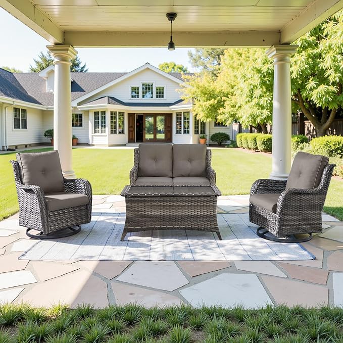 Belord 4 Piece Patio Furniture Set - Outdoor Glider Bench with Swivel Rocker Chairs and Coffee Table, High Back Small Outdoor Conversation Furniture Sets for Deck Sunroom Balcony Backyard