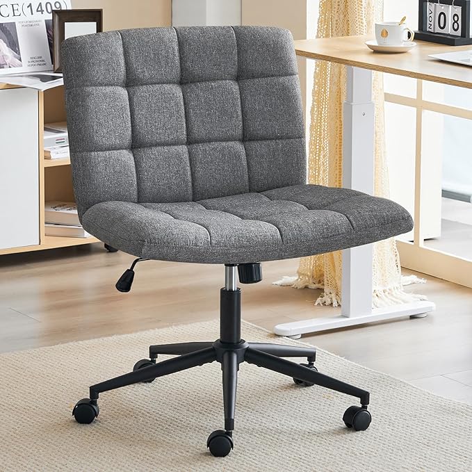 Furnimart Criss Cross Desk Char Wide Seat with Wheels, 360° Swivel Cross Legged Desk Chair Thick Cushion, Comfy Armless Home Office Chair for Bedroom, Vanity, Sturdy (Linen Gray)