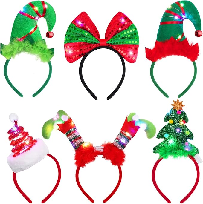 Elcoho 6 Pack Christmas LED Headbands Holiday Light Up Costume Headband Reindeer Christmas Bow Elf Costumes Hair Bands for...