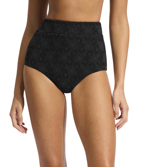 Seafolly Women's Standard High Waisted Full Coverage Low Legline Bikini Bottom Swimsuit, Marloe Black