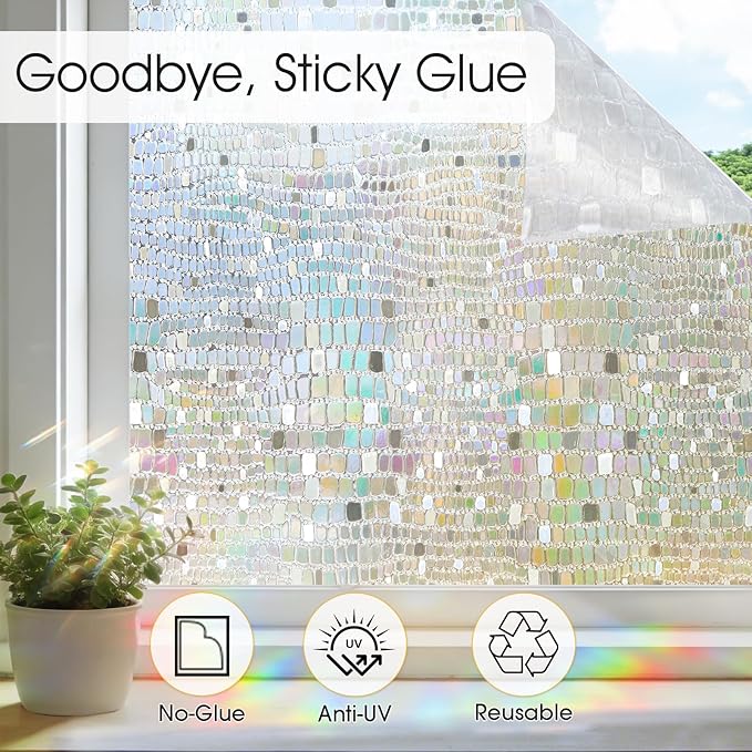 Windimiley Rainbow Window Privacy Film, 3D Stained Glass Christmas Decorative Window Clings, UV Heat Blocking Holographic Prism Stickers for Home(35.4 x 157.5In,Pure)