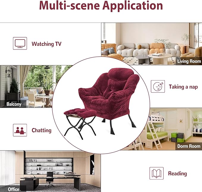 Youtanic Lazy Chair with Folding Ottoman, Accent Chair Plush Upholstered with Metal Structure and Non-Slip Pads, Sofa Armchair with Footrest and Side Storage Bag for Dorm, Room, Office, Rose Red