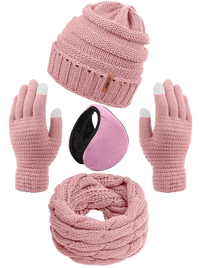 Aneco Winter Warm Sets Knitted Scarf Beanie Hat Touch Screen Gloves and Winter Ear Warmer for Men or Women