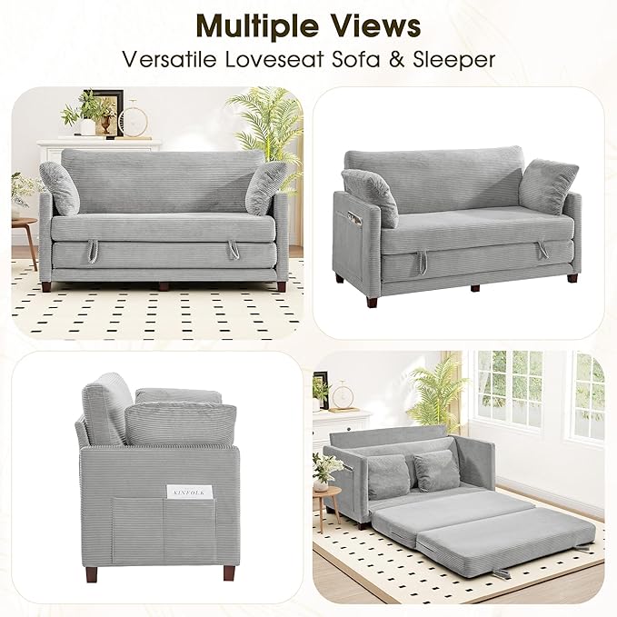 65" Convertible Loveseat Sofa Bed, 2-in-1 Folding Sofa Bed with 2 Pillow for Small Spaces, Modern Loveseat Sleeper Couch for Apartment, Living Room & Guest Room (Light Grey Corduroy, 65 inch)