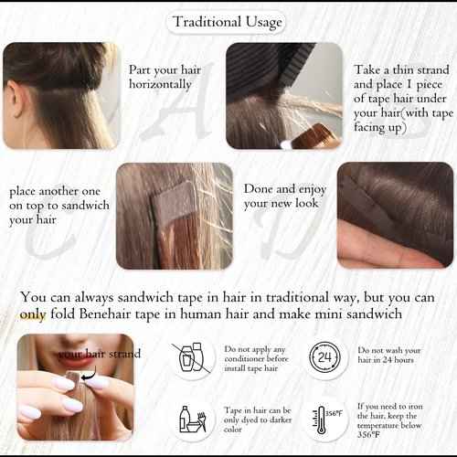 Benehair Tape-in Hair Extensions - Human Hair, Platinum Blonde, 18 Inch, 20pcs, 50g/pack, Straight, Seamless, Natural, Women's 18" #60