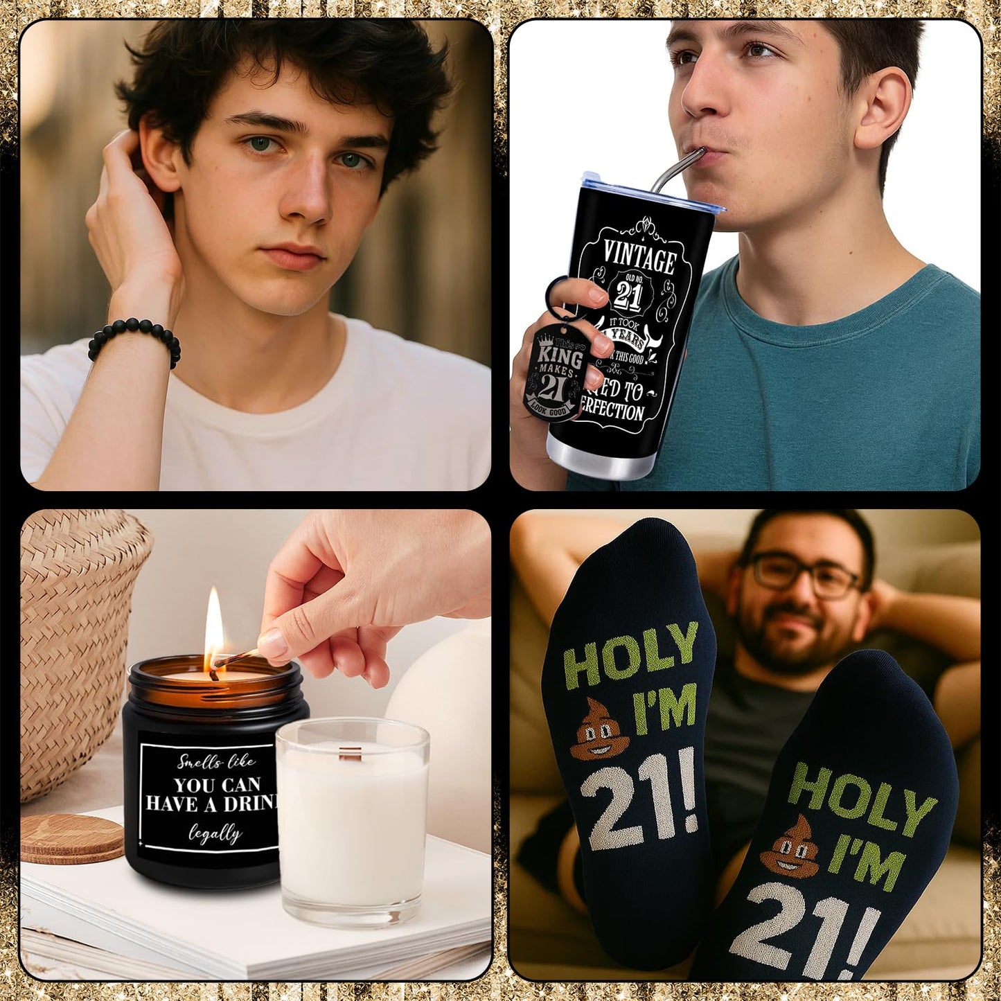 Keluna 21st Birthday Gifts for Him - 6Pcs 21 Year Old Male Birthday Gifts Ideas, 20oz Tumbler, Funny Socks, Keychain, Bracelets, Candles, 21st Presents for Son Grandson Nephew Brother from Mom Dad